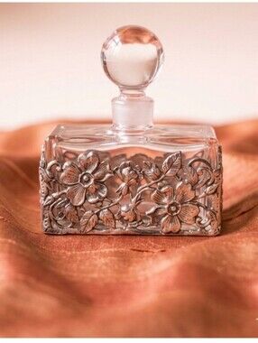Vintage Floral-Embellished Glass Perfume Bottle in Pink and Silver